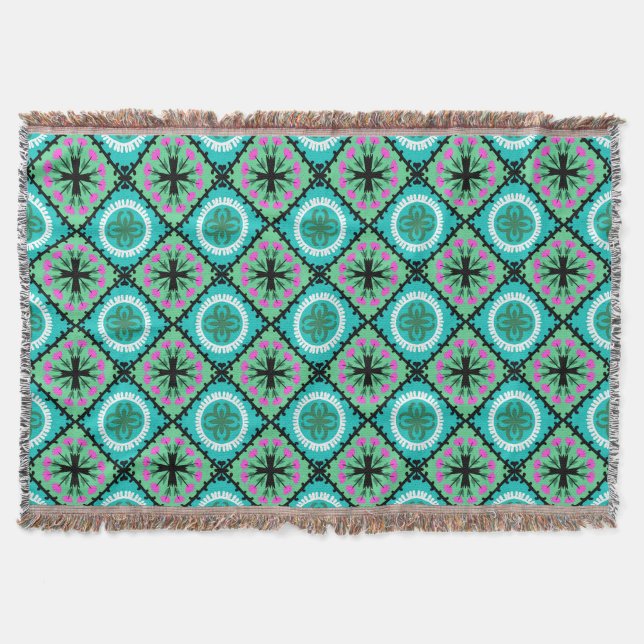 Suzani Pattern with Uzbek and Kazakh Motifs Throw Blanket (Front)