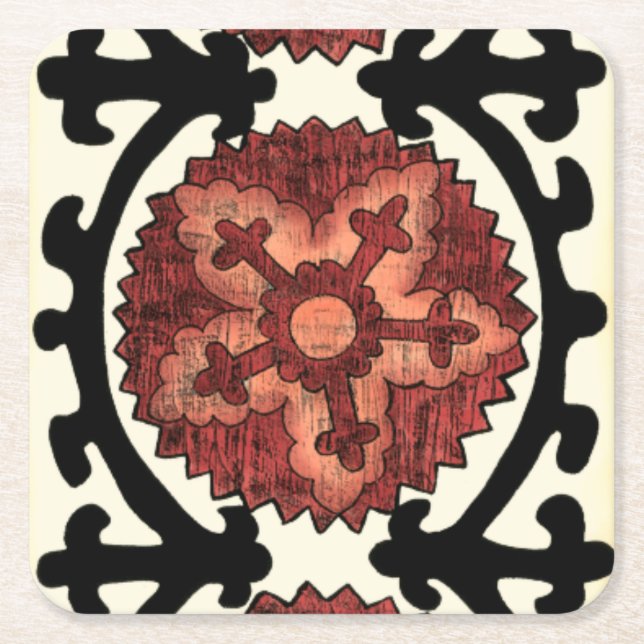 Suzani Style Decorative Floral Pattern Square Paper Coaster (Front)