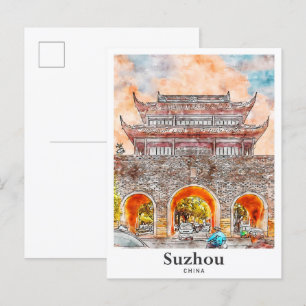 Suzhou China Travel Watercolor Sketch Hand Drawn Postcard