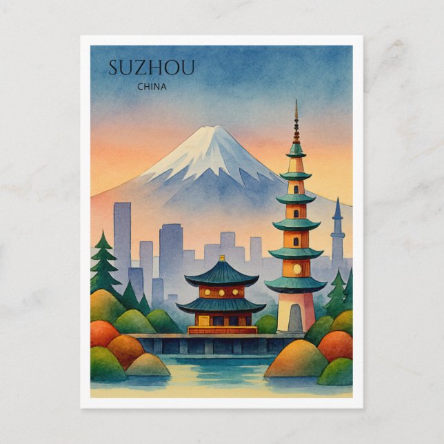 Suzhou China Watercolor Travel Souvenir Holiday Postcard (Front)