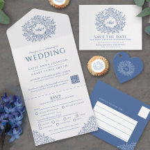 Circle of leaves monogram classic blue wedding
