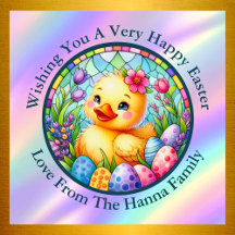 Cute Easter Chick, Flowers, and Colorful Eggs