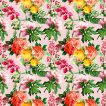 BRIGHT VINTAGE FLORAL BLOOMS ON SOFT PINK