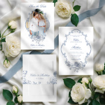 Classic Elegant Dusty Blue Floral Frame Wedding