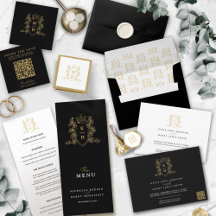 Heart crown monogram gold black white wedding