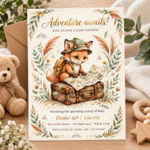 Woodland Fox Explorer Baby Shower Invitation, Wate
