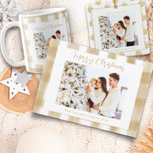 Merry Golden Gingham Plaid Family Christmas Photo