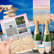 Blush Pink Sunset Hearts in the Sand Beach Wedding