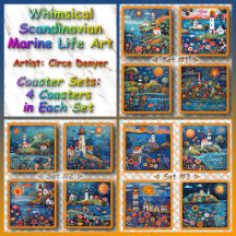 COASTERS: SETS OF 4 - Scandinavian Marine Life Art