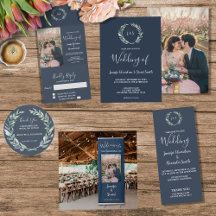 Watercolor leaves rustic navy blue photo wedding