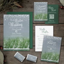 Winter wedding snowy lake pine trees green gray