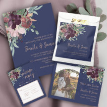 Elegant Watercolor Floral Rose Gold & Navy Wedding