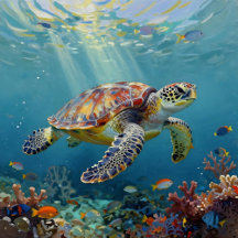Teal and Blue Sea Turtle Oceanic Illustration