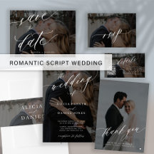 Romantic elegant black white script wedding suite