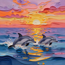 Impasto Dolphins and Ocean Waves