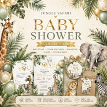 Cute Safari Animals Green and Gold Baby Shower