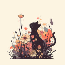 Cute Kawaii Cat in the Field Full of Flowers 