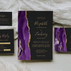Modern Purple Gold Agate Dark Wedding RSVP Card