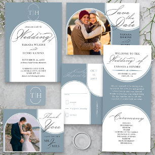 Dusty Blue Elegant Calligraphy Monogrammed Wedding Invitation