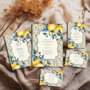 Blue Mediterranean Italian Tile & Lemon Wedding Save The Date