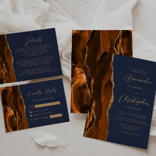 Burnt Orange Agate Gold Script Navy Blue Wedding RSVP Card