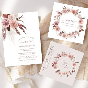 Boho Dusty Pink Dried Flowers Wreath Wedding Invitation
