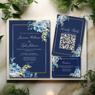 Navy Blue Gold Floral Elegant Evening Wedding Invitation