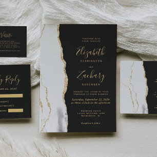 Modern Grey White Gold Agate Dark Wedding RSVP Card