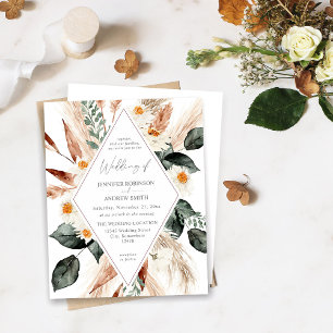Boho LG Text Boho Copper Pampas Floral Wedding 3 Invitation