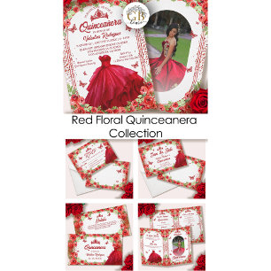 Elegant Red Glitter Floral Quinceanera Dress Menu