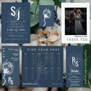Minimalist Dark Blue Cotton Floral Wedding Invitation
