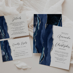 Agate Navy Blue Silver Modern Script Wedding Save The Date