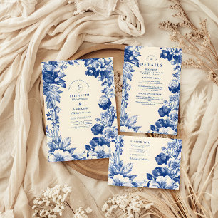 Vintage French Blue Toile Floral Wedding RSVP Card