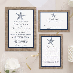 The Navy Starfish Burlap Beach Wedding Collection All In One Invitation