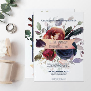 Elegant Boho Navy Blue Burgundy Floral Wedding Invitation