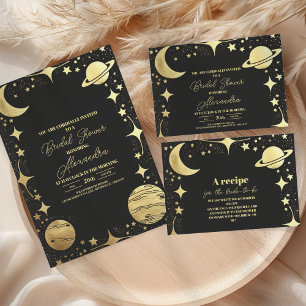 Black Gold Celestial Crescent Moon Bridal Shower Invitation
