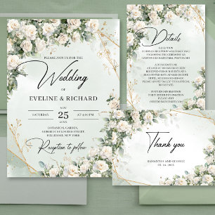 Bohemian white roses and greenery and gold invitation