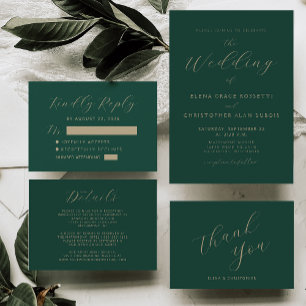 Dark Green Gold Script Wedding RSVP Card
