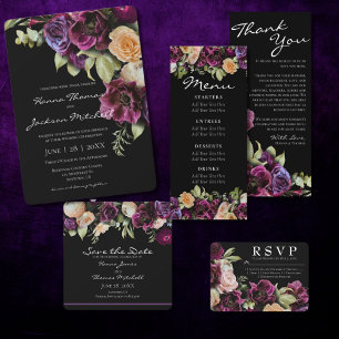 Black Dark Moody Elegant Floral Wedding Invitation