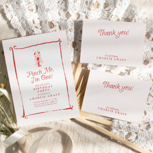 Pinch Me I'm One Vintage Lobster Pink 1st Birthday Invitation