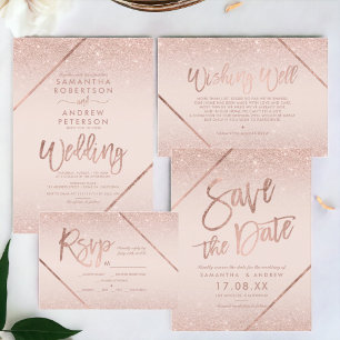 Rose gold glitter typography blush pink wedding invitation