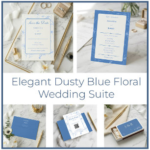 Elegant Dusty Blue Floral Minimalist Fine Art Wedd Invitation