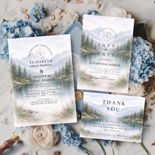 Minimalist Pine Forest Landscape Wedding Thank You Card