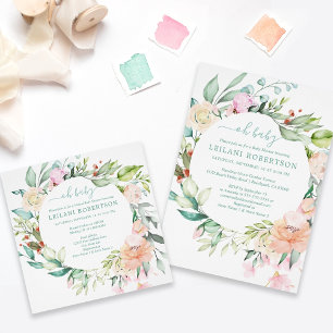 Virtual Watercolor Floral Wreath Oh Baby Shower Invitation