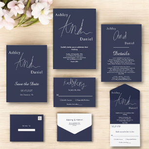 Elegant Simple Navy Blue White Calligraphy Wedding All In One Invitation