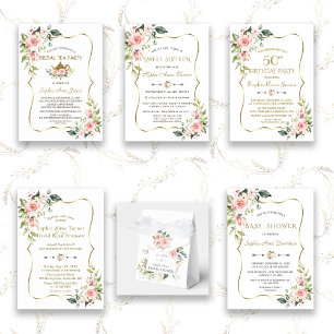Elegant Pink Blush Flowers Gold Frame Wedding Invitation