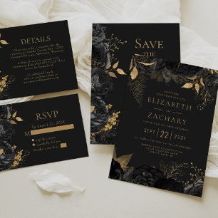Elegant Black Gold Floral Dark Wedding Invitation