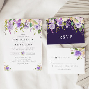 Painted purple and peach floral Rehearsal dinner Invitation