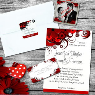 Elegant Red and White Floral Custom Wedding Invite