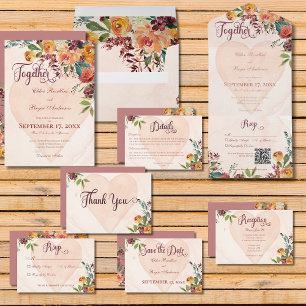 Floral Boho Heart Peach Wedding Thank You Card